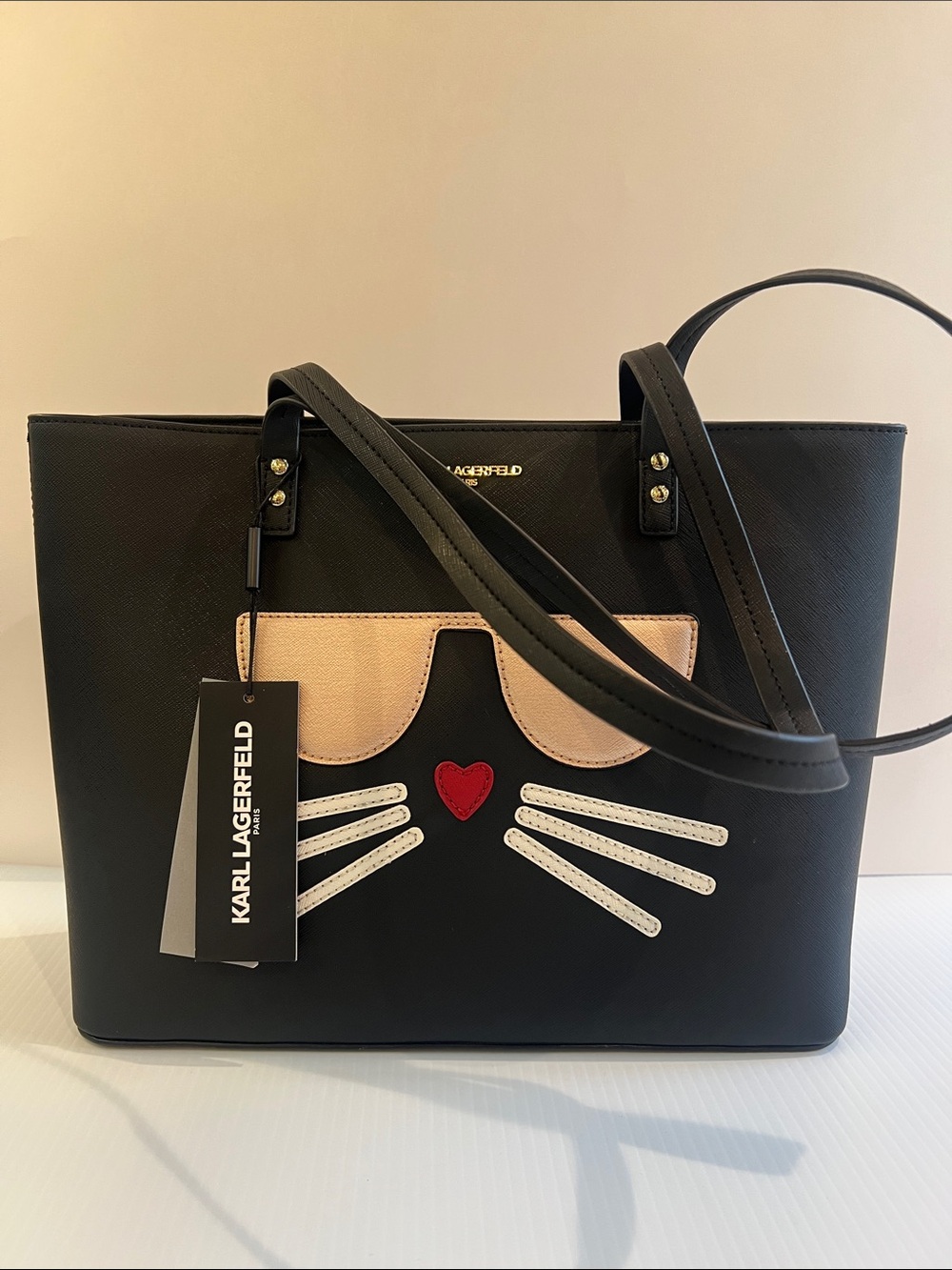 New Karl Lagerfeld Black Cat Tote Bag with Pink Accents